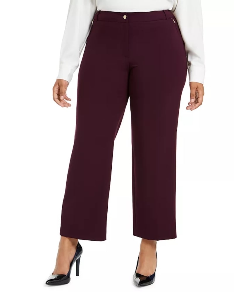 Front of a model wearing a size 18W Calvin Klein Women's Zipper-Pocket Ankle Pants Purple 18W in Purple by Calvin Klein. | dia_product_style_image_id:306321